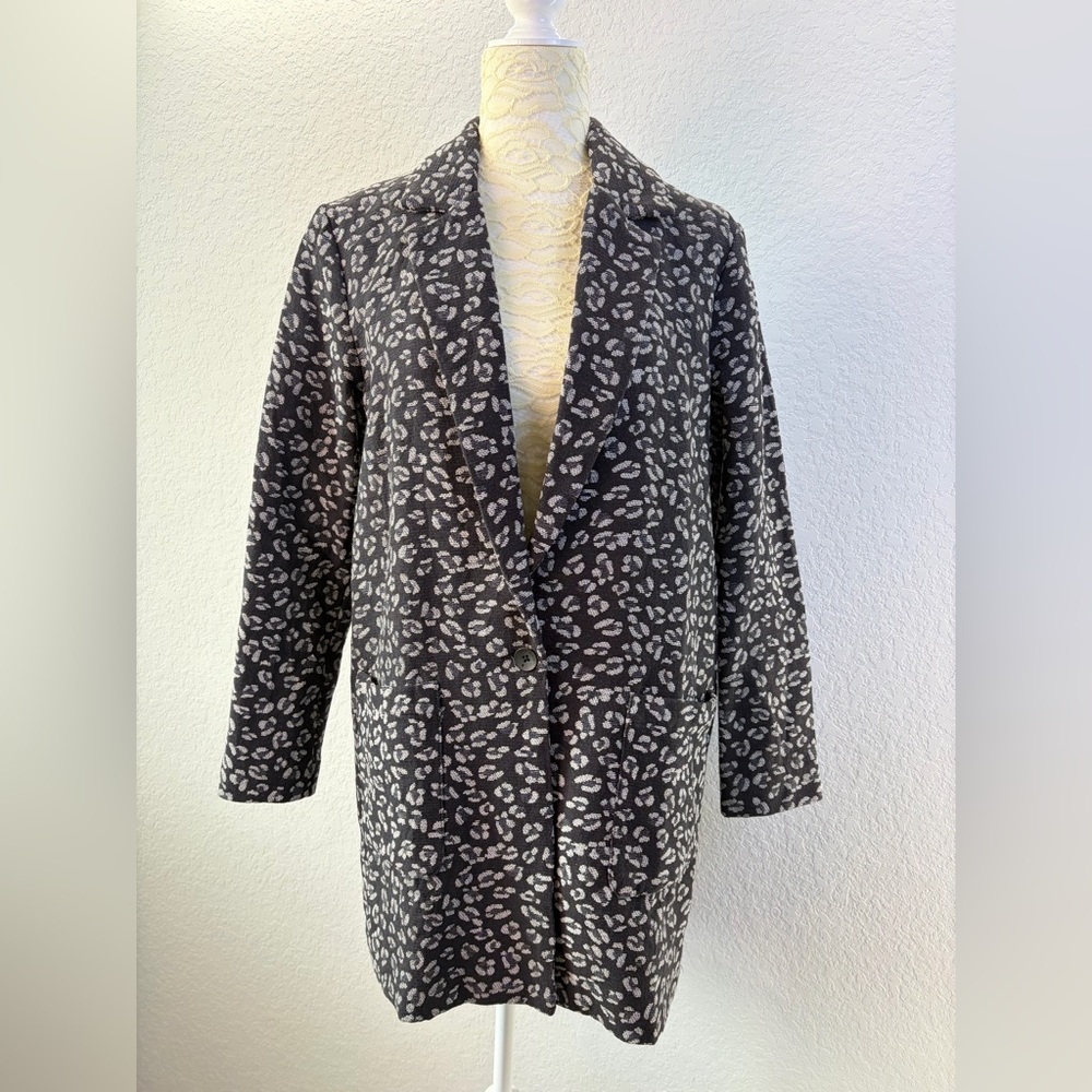 Lucky Brand Black Gray Leopard Print Mid Thigh Length Blazer Coat Medium